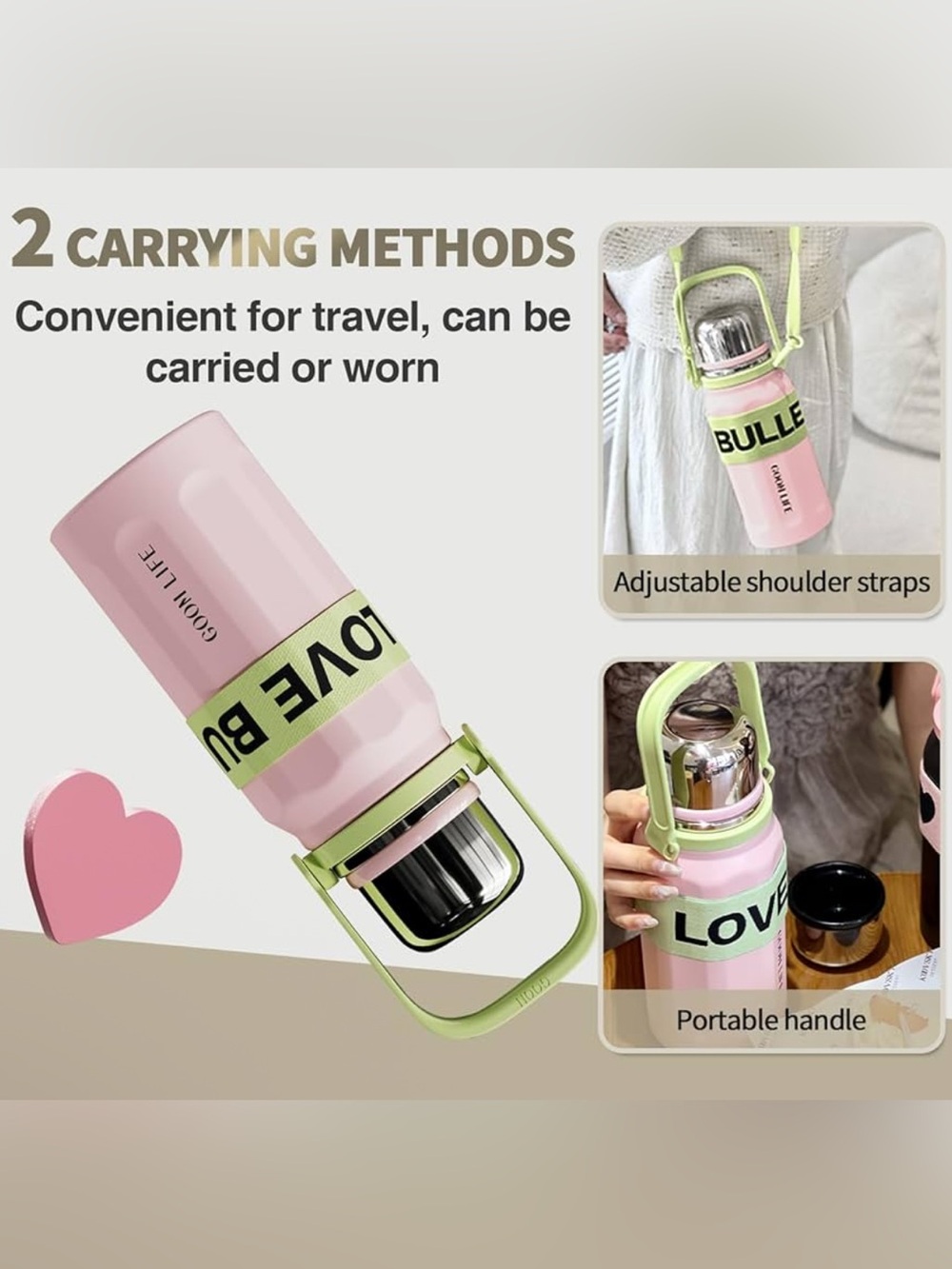 GOOM 32oz Thermos Pink Water Bottle, Stainless Steel, No Leak, Strap Love Bullet - Picture 2 of 16